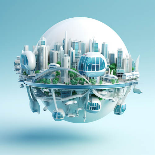 High Resolution: Futuristic city sphere rises amidst curved glass domes on gradient lightblue background download. | HRJPG.com