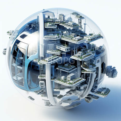 spherical futuristic cityscape enclosed within transparent glass shell dominating exterior