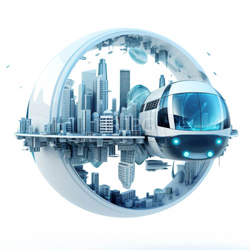futuristic cityscape unfolds with sleek white and blue hovercraft in center oval frame