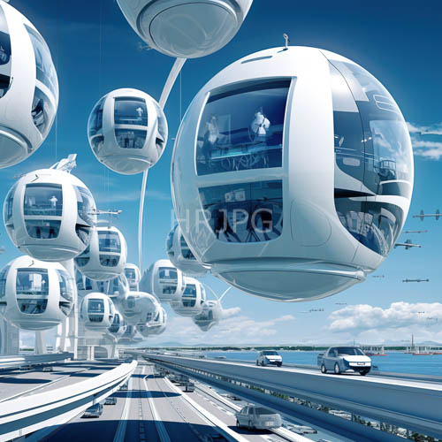 futuristic cable cars suspended above bustling highway with reflective chassis and shimmering water background