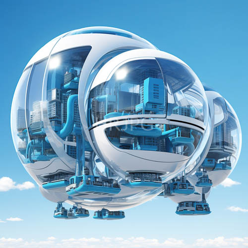 High Resolution: Spherical airships hover with transparent reflective surfaces and geometric details download. | HRJPG.com