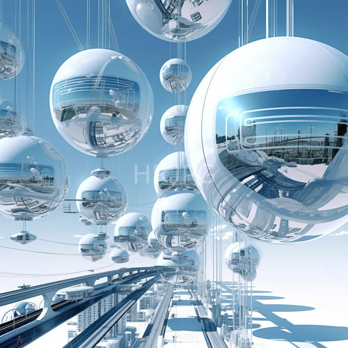 futuristic cityscape with reflective silver spheres suspended amidst sleek modern architecture