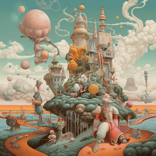 whimsical cityscape of towers amidst puffy cumulus clouds in pastel hues