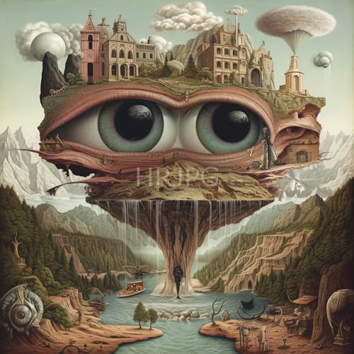 High Resolution: Medievalstyle buildings atop pinkishred skin textures surrounding enormous floating eyeball iris download. | HRJPG.com
