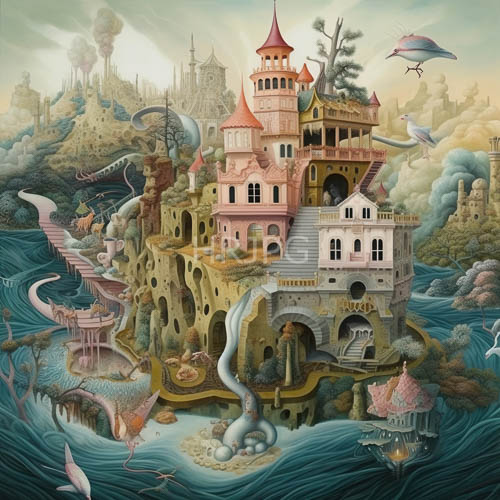 colorful multitiered castle perched on rocky cliffs surrounded by swirling waters and rainbowfeathered birds
