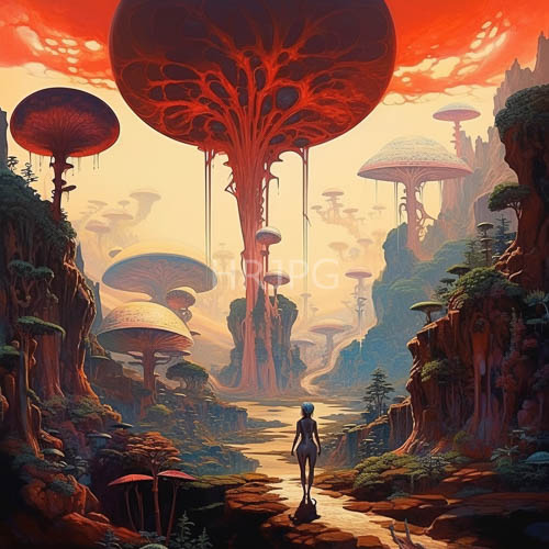 mushroom kingdom realm fades to dusty lavender hues amidst rocky terrain and celestial blaze