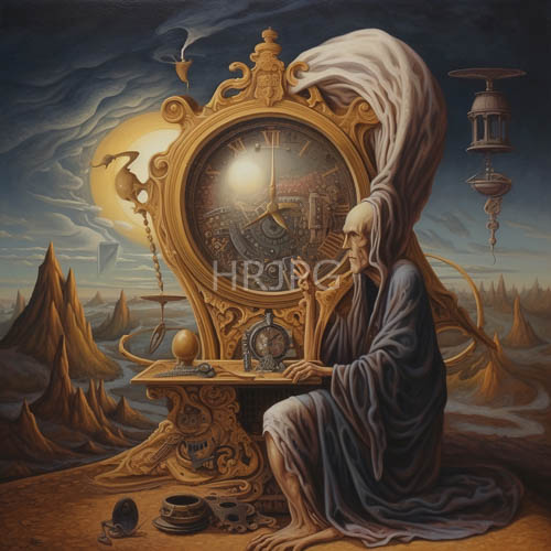 elderly sage surrounded by celestial clockwork amidst rocky terrain under brooding clouds