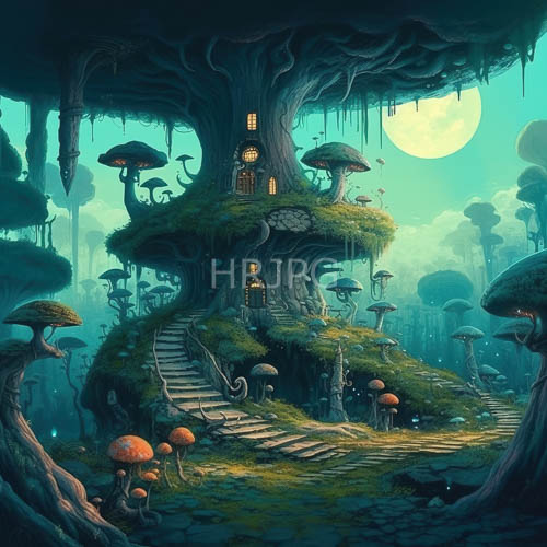 High Resolution: Mushroom Piers Frame Ethereal Treehouse Under Luminous Full Moonlit Whimsical Forest download. | HRJPG.com