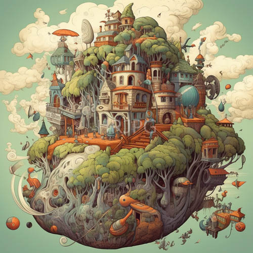 fantastical architecture unfolds on a whimsical floating island city amidst a teal sky filled with fluffy clouds