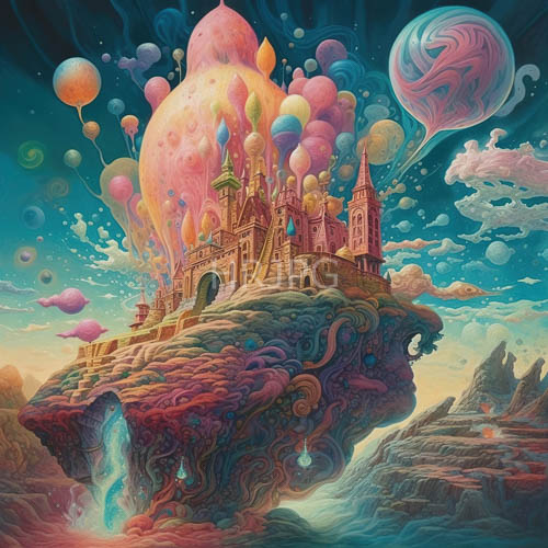 floating castle amidst swirling clouds and jagged rock formations in a colorful sky