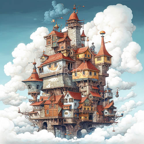 whimsical multitiered castle sits amidst billowy clouds and vibrant blue sky
