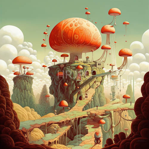 mushroomlike formations reflect warm red and orange hues on verdant rock spires above cloudscapes