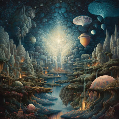 cosmic luminosity meets terracotta earthy textures amidst azure mushroom ecosystems and bioluminescent rivers