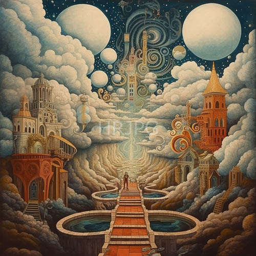 High Resolution: Floating Architecture Amidst Celestial Clouds and Swirling Stellar Matter download. | HRJPG.com