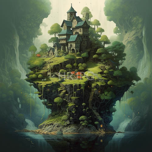 floating island village amidst lush canopy of ancient trees overhanging breathtaking void