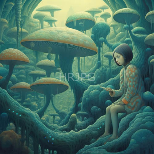purple hued contemplation amidst luminescent forest foliage and fungal accents