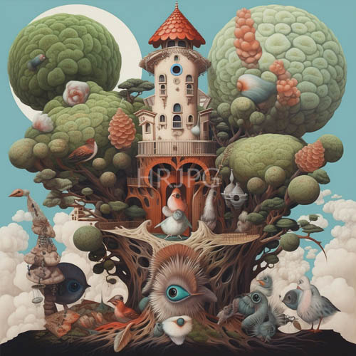 fantasy forests unfold with whimsical focal points and sparkling fruits amidst twisted brainlike trees