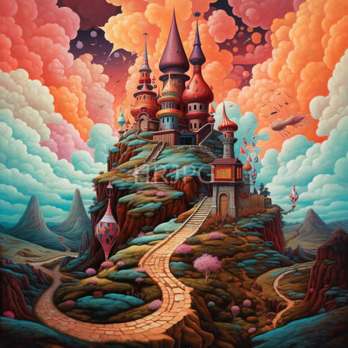 High Resolution: Fantasy Castle Perched on Rocky Cliffs Amid Swirling Clouds of Pink Orange Blue download. | HRJPG.com
