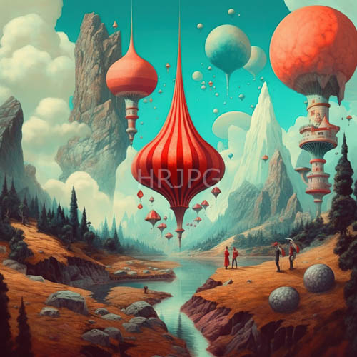 fantastical landscape of rocky terrain and ethereal balloons amidst majestic mountains