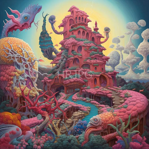 fantastical multitiered pink castle amidst corallike vegetation and iridescent foliage