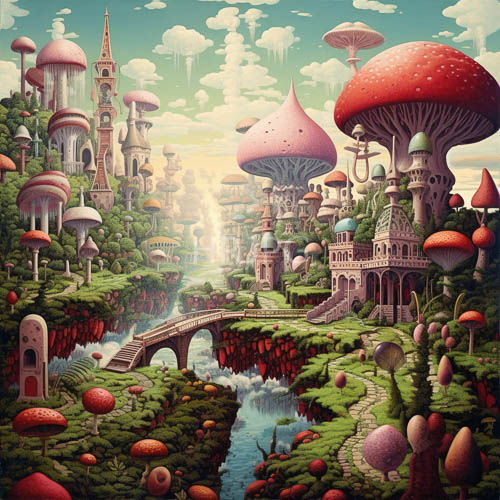 mushrooms dominate fantastical cityscape with oversized fungal landmarks and architectural spires