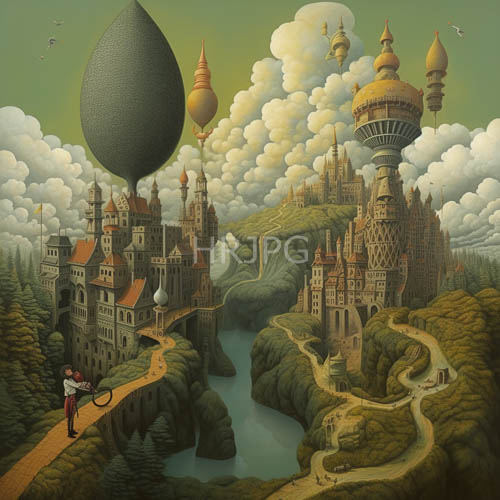 floating pagodas drift amidst lush hills and winding rivers in a fantastical realm