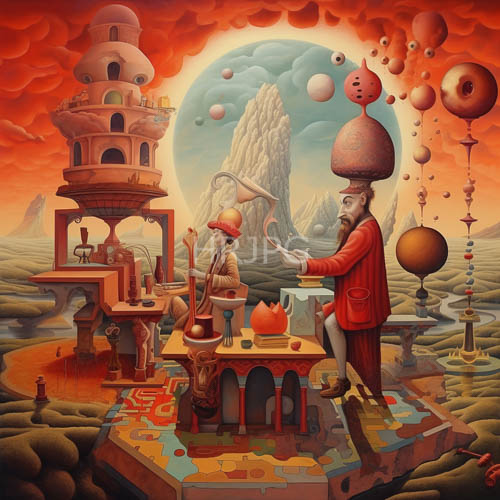 elderly man in red robes meets orangeclothed figure amidst swirling earthtoned clouds