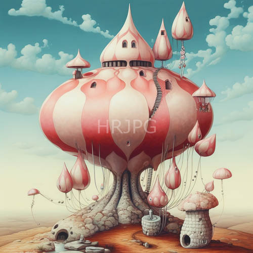 fungal forest of whimsical mushroom architecture amidst fluffy clouds unfolds