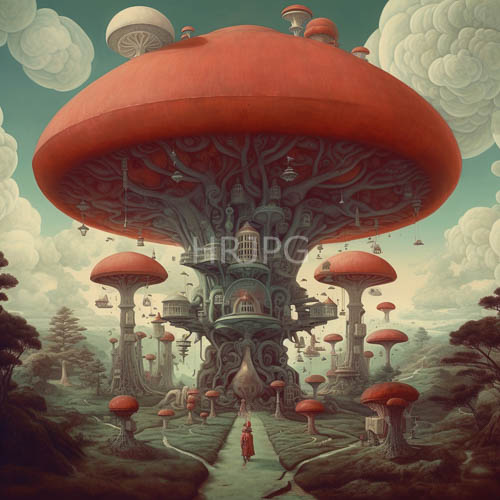 crimson wanderer treading pathway through towering red fungal forest ecosystems amidst twilight haze