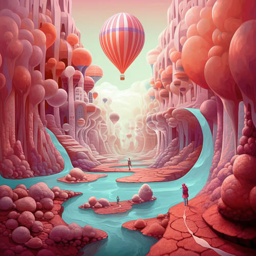 rugged stone waterways undulate past cloudribboned pastel horizons beneath striped sky