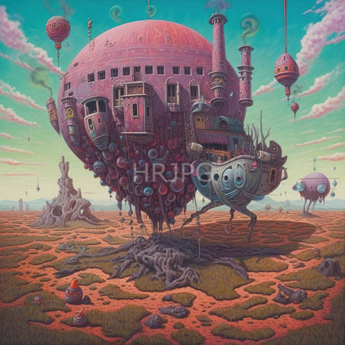 High Resolution: Turquoise Skies Over Barren Desert Landscapes with Floating Whimsical Structures download. | HRJPG.com