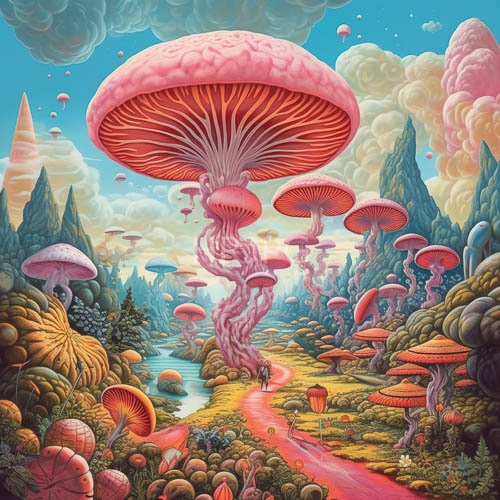 mushroom canopy over verdant riversides amidst drifting balloons and lush foliage