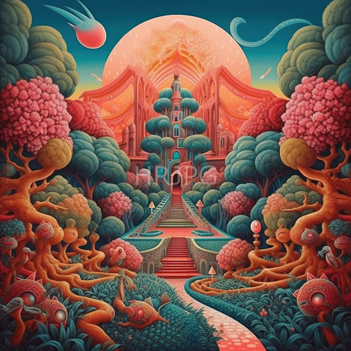fantasy garden underneath celestial canvas of ethereal pink moonlit skies