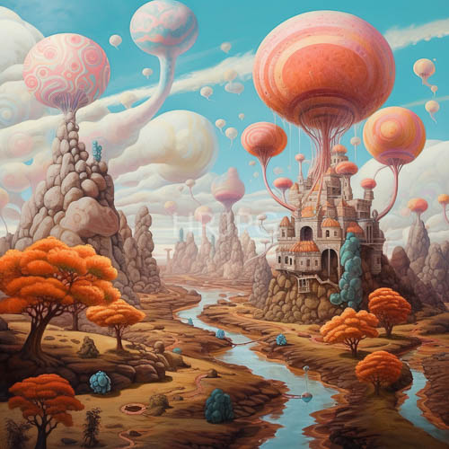 fantastical floating balloon cities rise above pinkishred towers in surreal landscape