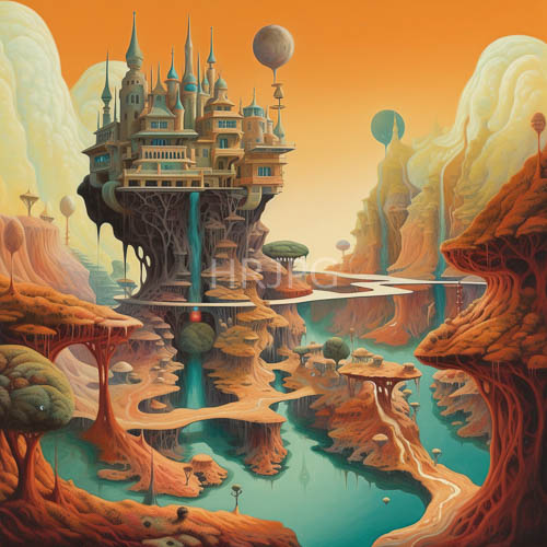 orangehued landscape with turquoise waterways and castlelike structure on rock formations