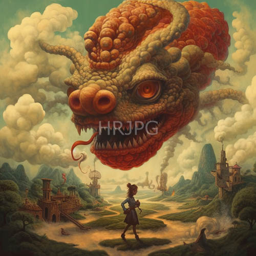 High Resolution: CrimsonGreen Dragon Looms Over Victorian Village Menacing Tongue Stretched Towards FearStruck Figure download. | HRJPG.com