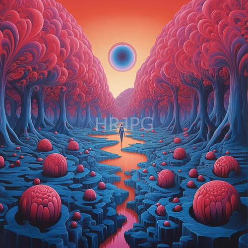 crimson orb suspends above solitary figure in labyrinth of gnarled trees at kaleidoscopic twilight