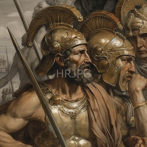 classical warrior trio embodies ancient virtue amidst ochre and umber hues