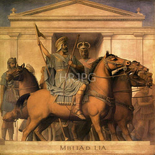 roman generals in imperial hierarchy amidst classic architectural splendor and ornate armor