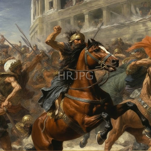 ancient commander dominates turbulent battlefield with vigorous brushstrokes and earthy tones