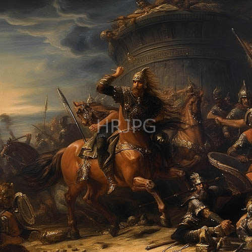 ancient battle of ferocity and power on horseback warrior in oil
