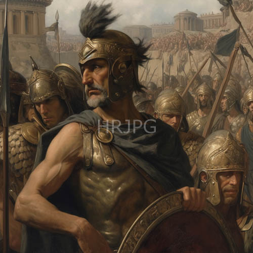 High Resolution: Ancient Greek Commander Anchored in Muscular Phalanx Under Hazy Battle Atmosphere download. | HRJPG.com