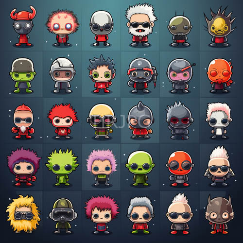 twentyfive chibistyle superheroes in distinctive stylized masks and glasses