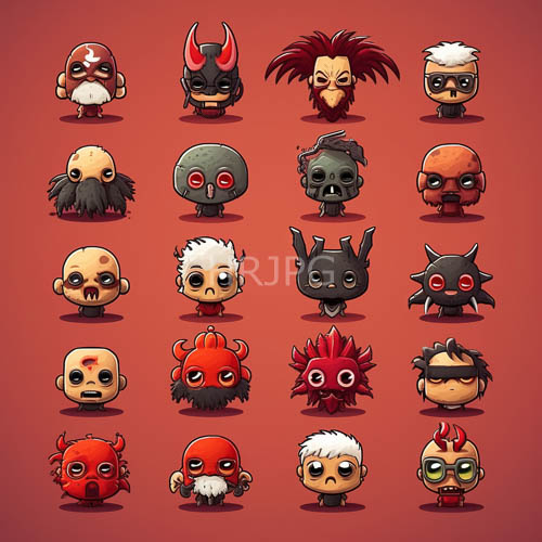 demon heads in dynamic rows on orangered gradient backdrop in fantasy