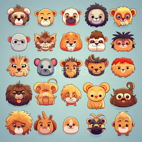 cartoon animal heads in whimsical composition on deep blue background