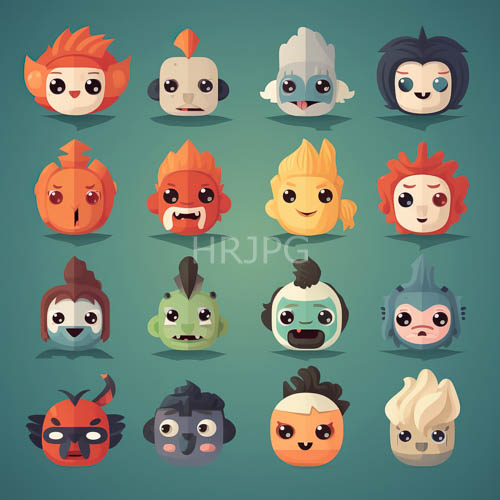 monster heads adorned with expressive orange spikes in illustrations