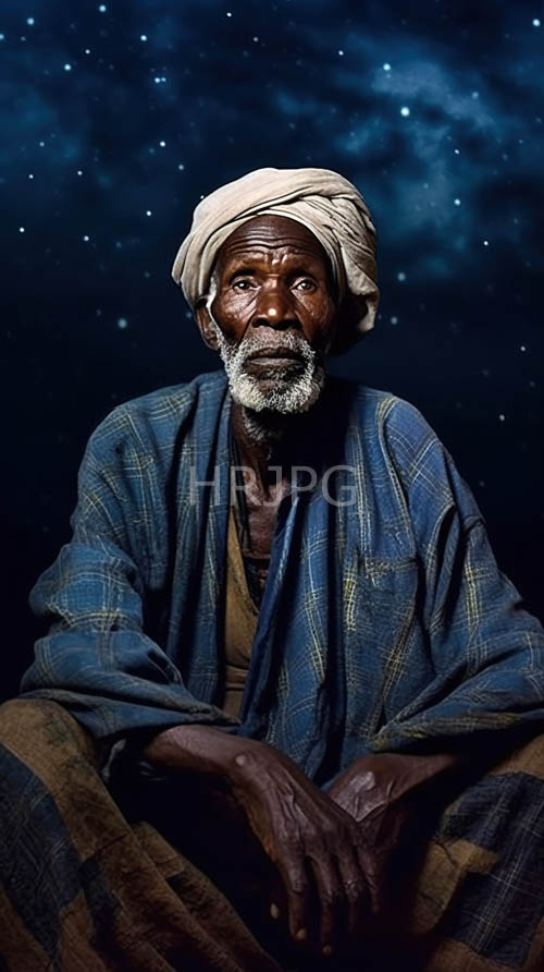 resilience etched on a weathered face amidst starry night cosmic backdrop with cultural attire