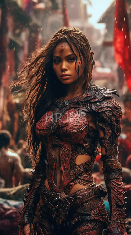 darkhaired warrior woman amidst bustling fantasy market streets cinematic ambient light