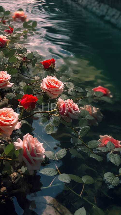 High Resolution: Submerged Roses Amidst Lush Greenery Reflects Calm Aquatic Beauty download. | HRJPG.com