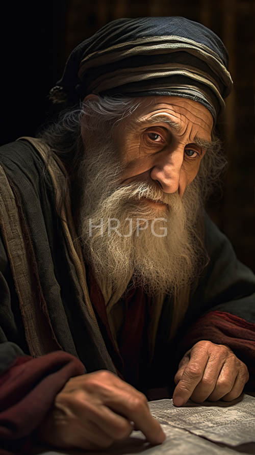 elderly scholar immersed in ancient manuscript study amidst warm ambient light